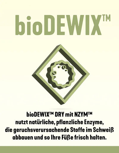 bioDEWIX™ DRY mit NZYM™ nutzt natürliche, pflanzliche Enzyme, die geruchsverursachende Stoffe im Schweiß abbauen und so Ihre Füße frisch halten.