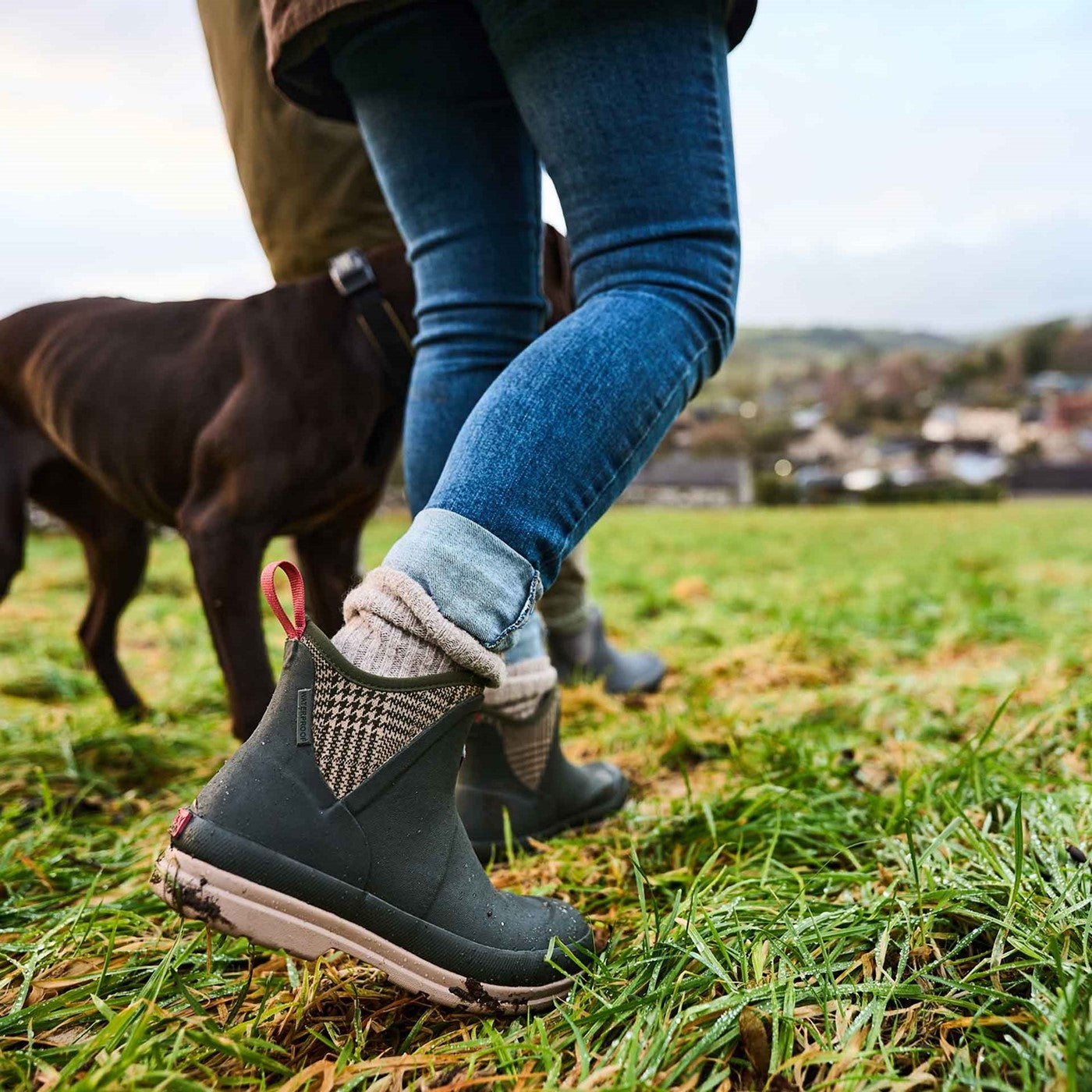 Damen Muck Originals Ankleboots mit Anziehlasche Moosgrün/Karomuster